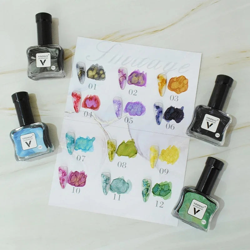 12Pcs 12ml Glitter Blooming Nail Gel Polish Marble Watercolor Ink Nail Design Smudge Spreading Air-drying Manicure Painting Gel