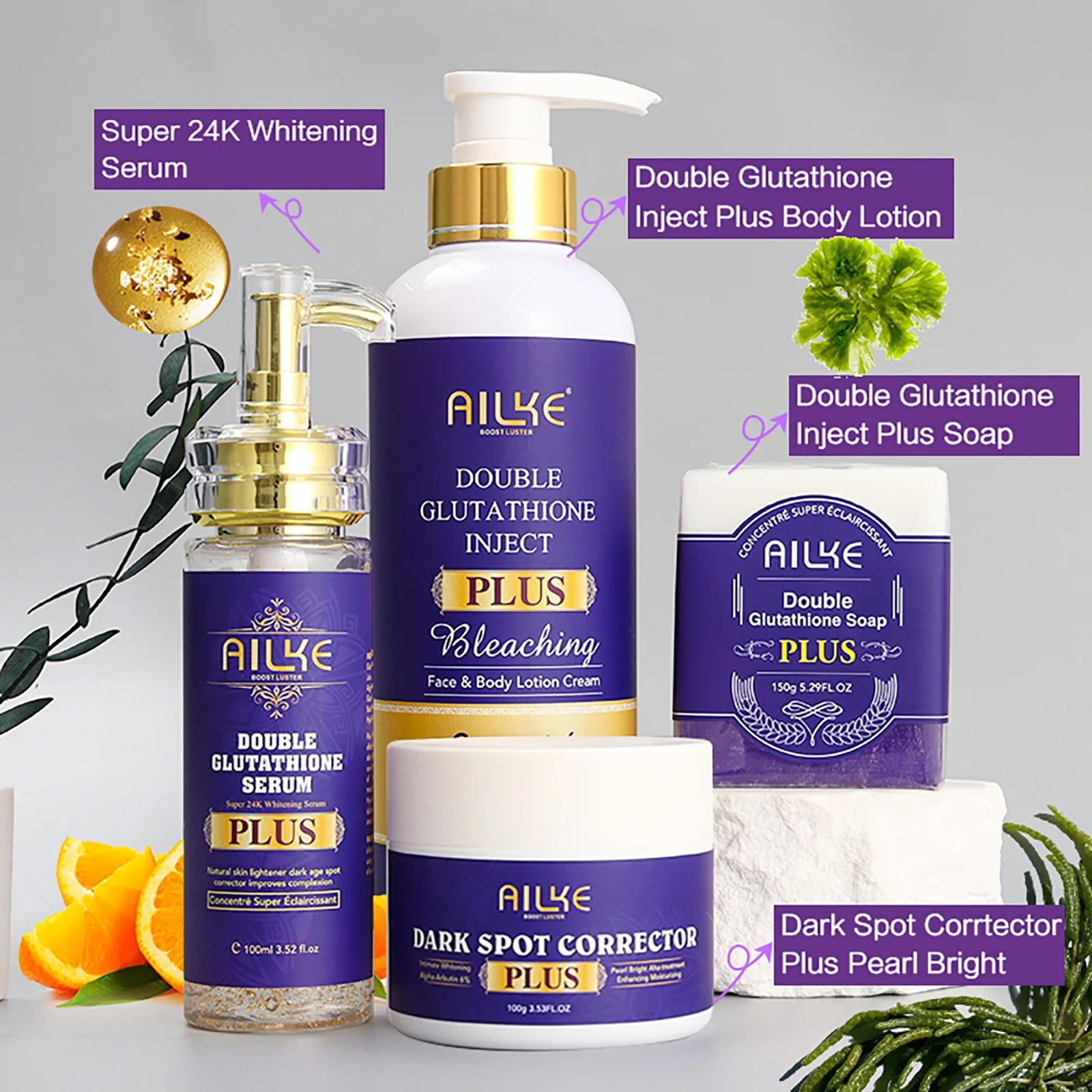 Private Label AILKE Skin Care Set Double-Glutathione Whitening Serum Dark Spot Face Cream Black Skin Soap Bleaching Body Lotion