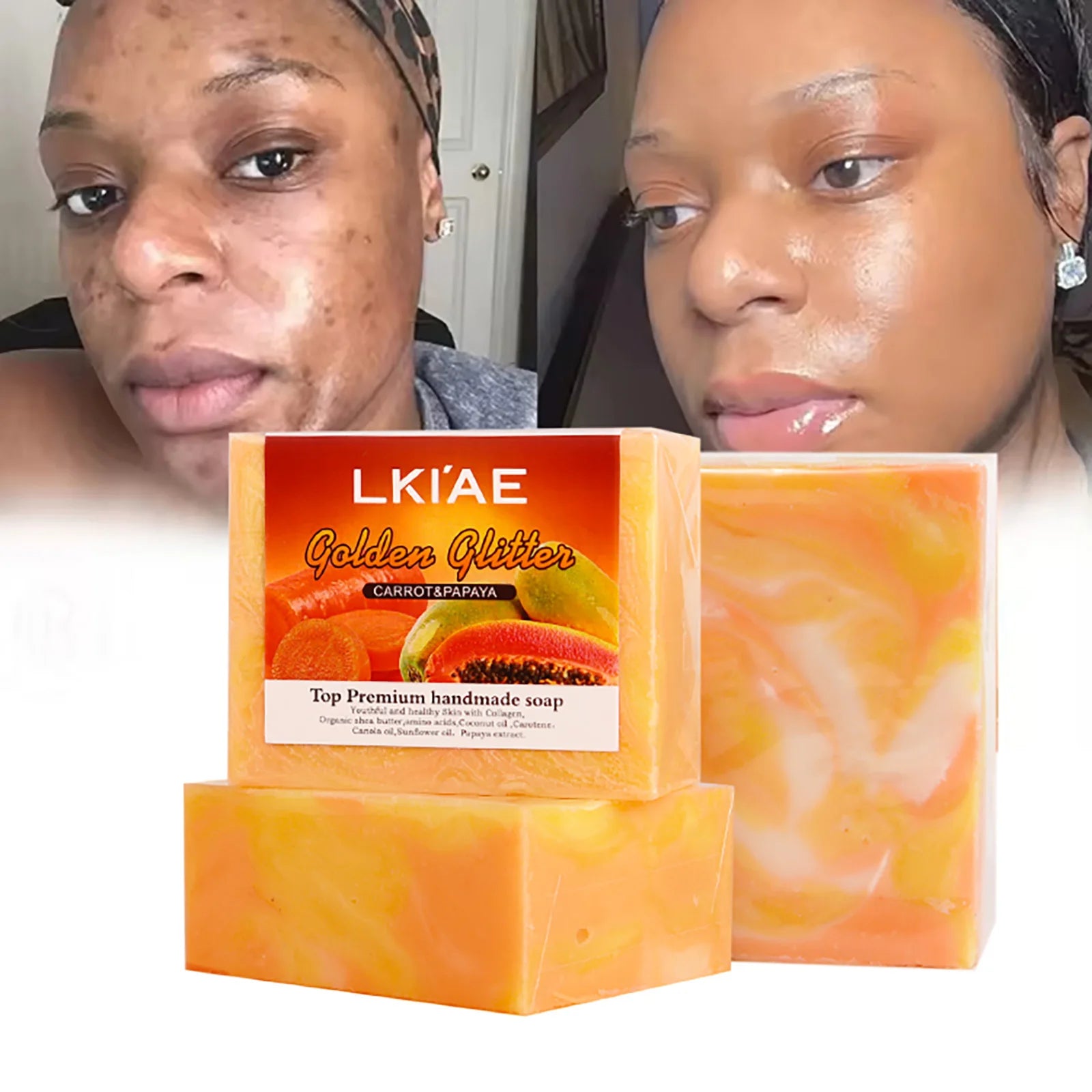 LKIAE Natural Carrot & Papaya Handmade Soap, Brightening, Clean Skin, Reduce Acne, Dark Spots, Face & Body Wash, 150g/3.53 oz