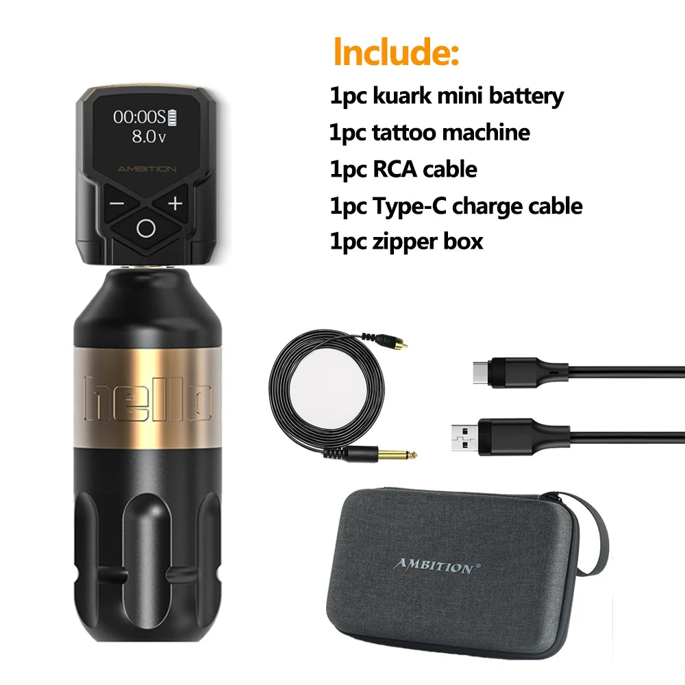 Ambition Tattoo Machine Rotary Pen Kit 2400mAh Wireless Kuark Power Supply Permanent Makeup Eyebrow Lip Tattoo Beginner Artister