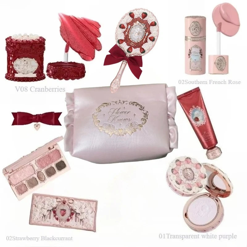 Flower Knows Strawberry Cupid Collection Makeup Set Sweetheart Gift Set Lip Mud Liquid Blush Face Palette All In One Make Up Kit
