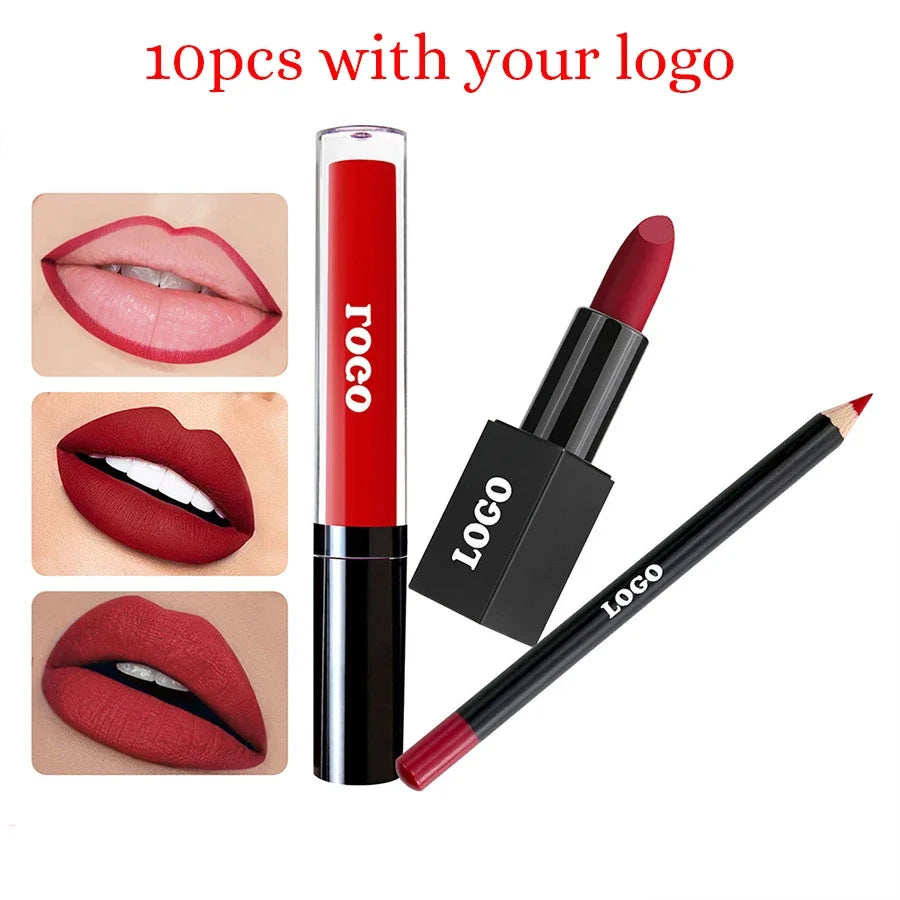 12-color Custom Logo Lipstick Lipgloss Lipliner Kit Private Label Black Square Tube Matte Waterproof Pigment Lips Makeup Vegan