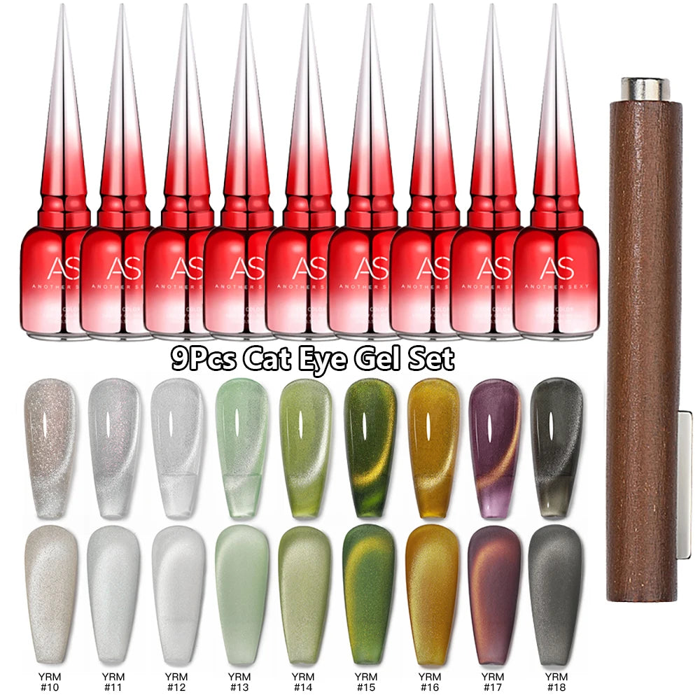 AS 9pcs Cat Eye Magnetic Moonlight Gel Nail Polish Set 15ml Sparkle White Silver Water Light Red UV Gel Nail Art Manicure