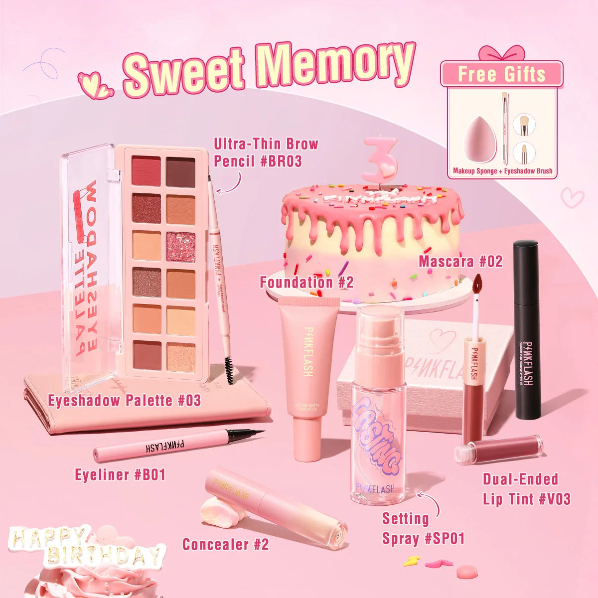 PINKFLASH 8 PCS Full Makeup Set Foundation Concealer Mascara Eyeliner Lipstick Cosmetics Kit for Women 3rd anniversary