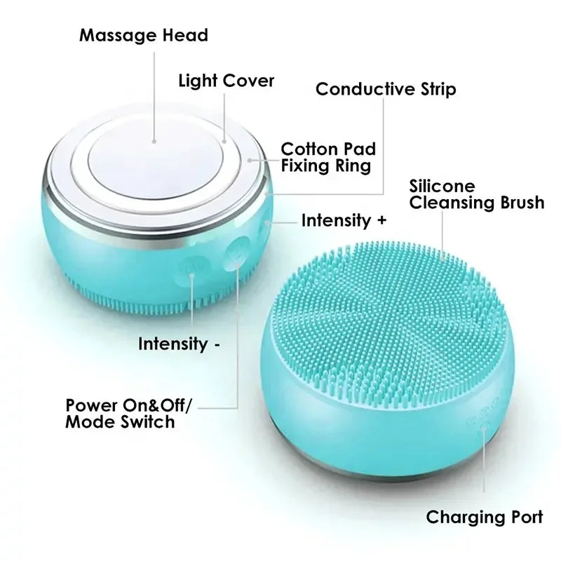 2 In 1 LED Light Therapy Silicone Heating Face Cleanser Massage Sonic Facial Cleansing Brush Massager Waterproof
