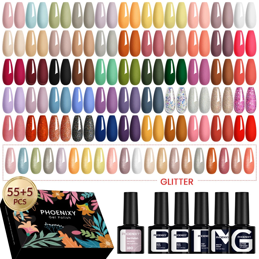 PHOENIXY 55PCS Gel Nail Polish Set with Base Matte Glitter Top Coat Semi Permanent Gel Nail Varnish 7ML Nail Gels Kit Hot Sale