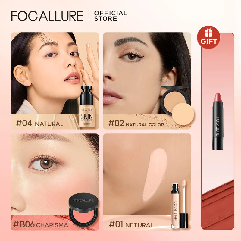 FOCALLURE 4 Pcs Makeup Set Primer Liquid Foundation Concealer Face Blush Makeup Setting Powder Base Lipstick Pen Cosmetics Kit