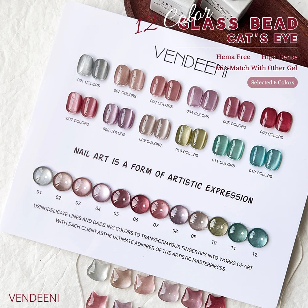 Vendeeni 12 Colors/Set Gem Crystal Cat Eye Gel Nail Polish Magnetic UV Soak Off Gel Varnish Glass Bead Cat Eye Gel With Display