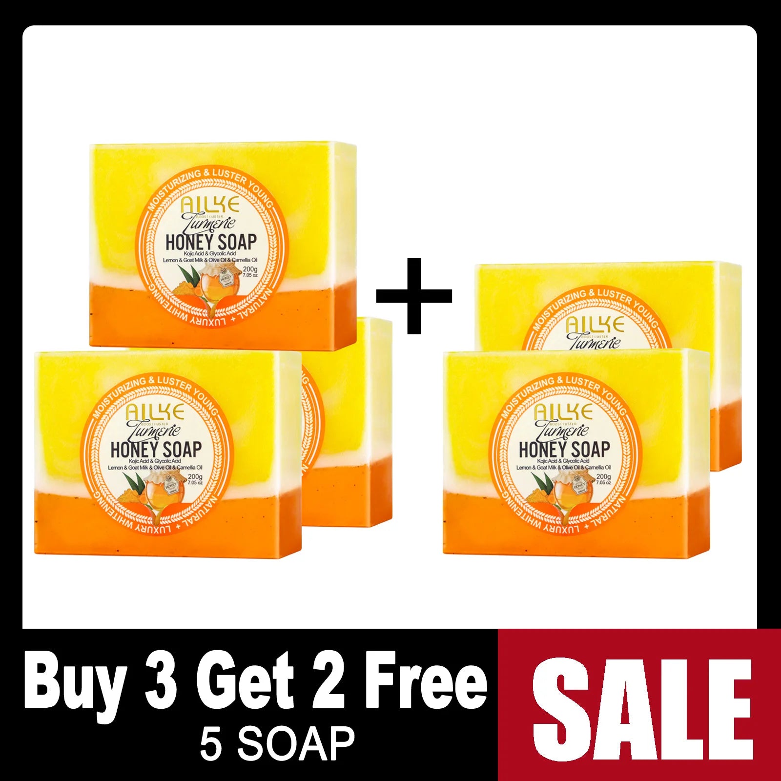 AILKE Natural Turmeric Honey Soap Cleanser, Lightening, Clean Skin, Remove Dark Spots, Stains, for Face and Body, 200g/7 oz