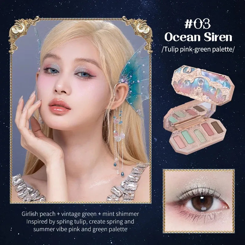 Flower Knows Makeup Set Mermaid Eyeshadow Palette Matte Swan Setting Powder Strawberry Violet Mirror Hair Clip 4Pcs Kit
