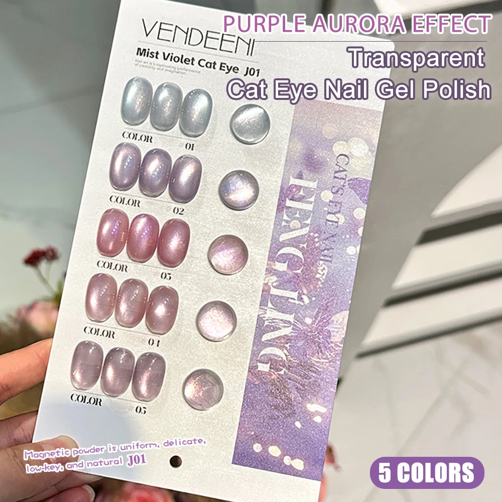 Vendeeni 5 Colors/Set Purple Cat Eye Gel Nail Polish Magnetic UV LED Gel Varnish Aurora Effect Cat Eye Gel Lacquer With Display