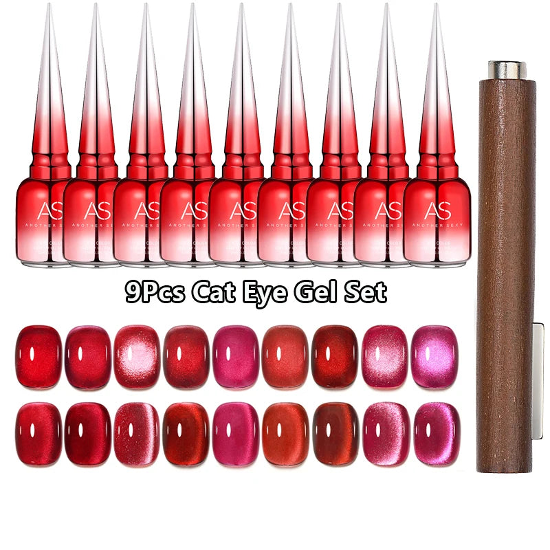 AS 9pcs Cat Eye Magnetic Moonlight Gel Nail Polish Set 15ml Sparkle White Silver Water Light Red UV Gel Nail Art Manicure