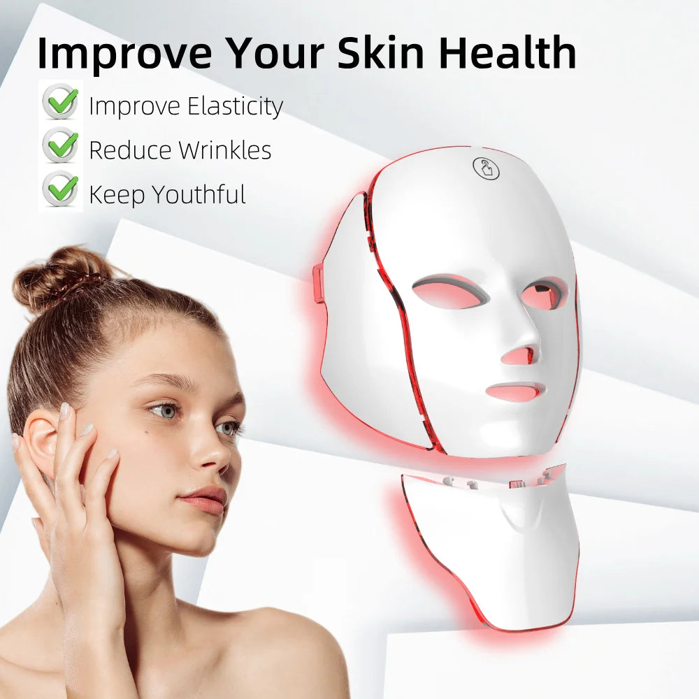 Wireless LED Face Mask with 7 Colors Red Light Therapy for Face-Neck Skin Repair USB Rechargeable Photon Mask