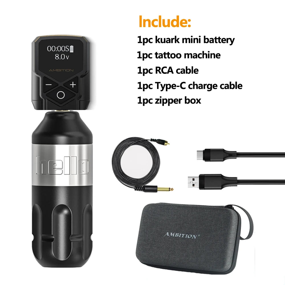 Ambition Tattoo Machine Rotary Pen Kit 2400mAh Wireless Kuark Power Supply Permanent Makeup Eyebrow Lip Tattoo Beginner Artister