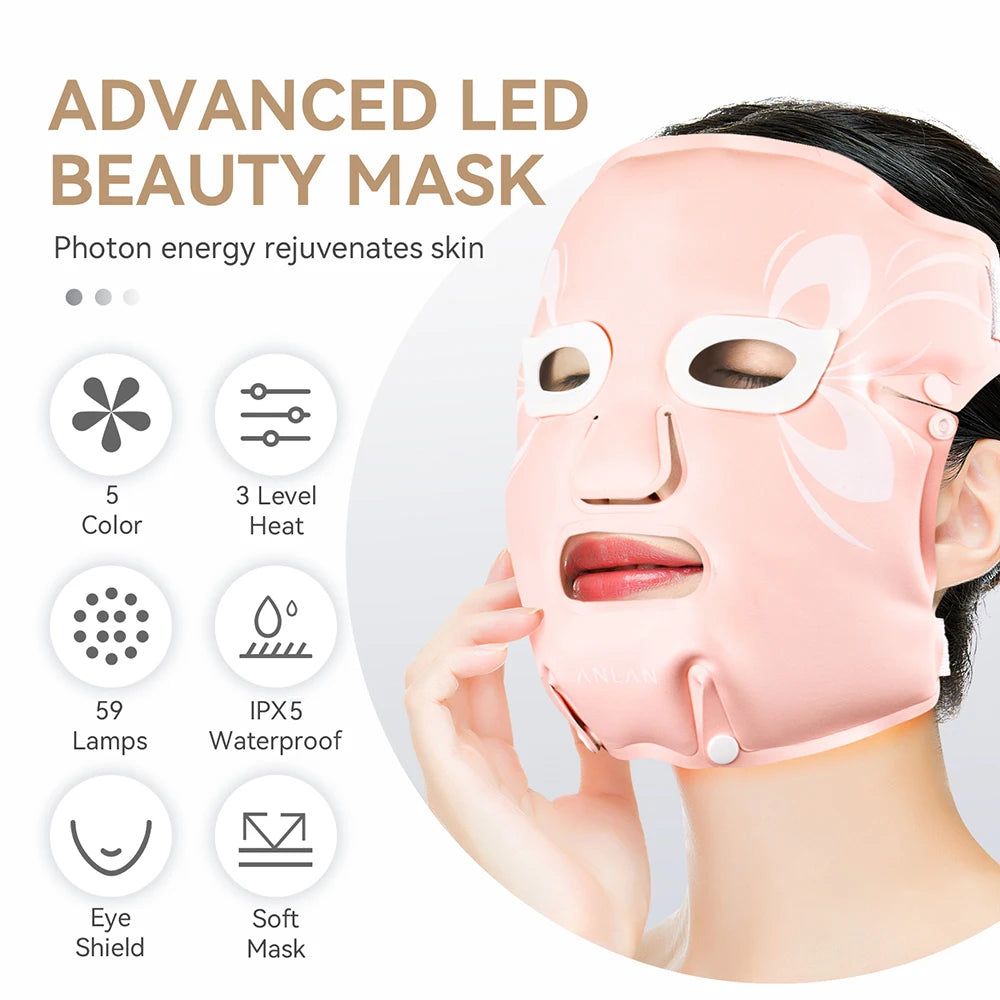 ANLAN Facial LED Mask 5 Color LED Therapy Silicone Waterproof Anti Aging Rejuvenation Brighten Skin NEW Soft Photon Heating Mask