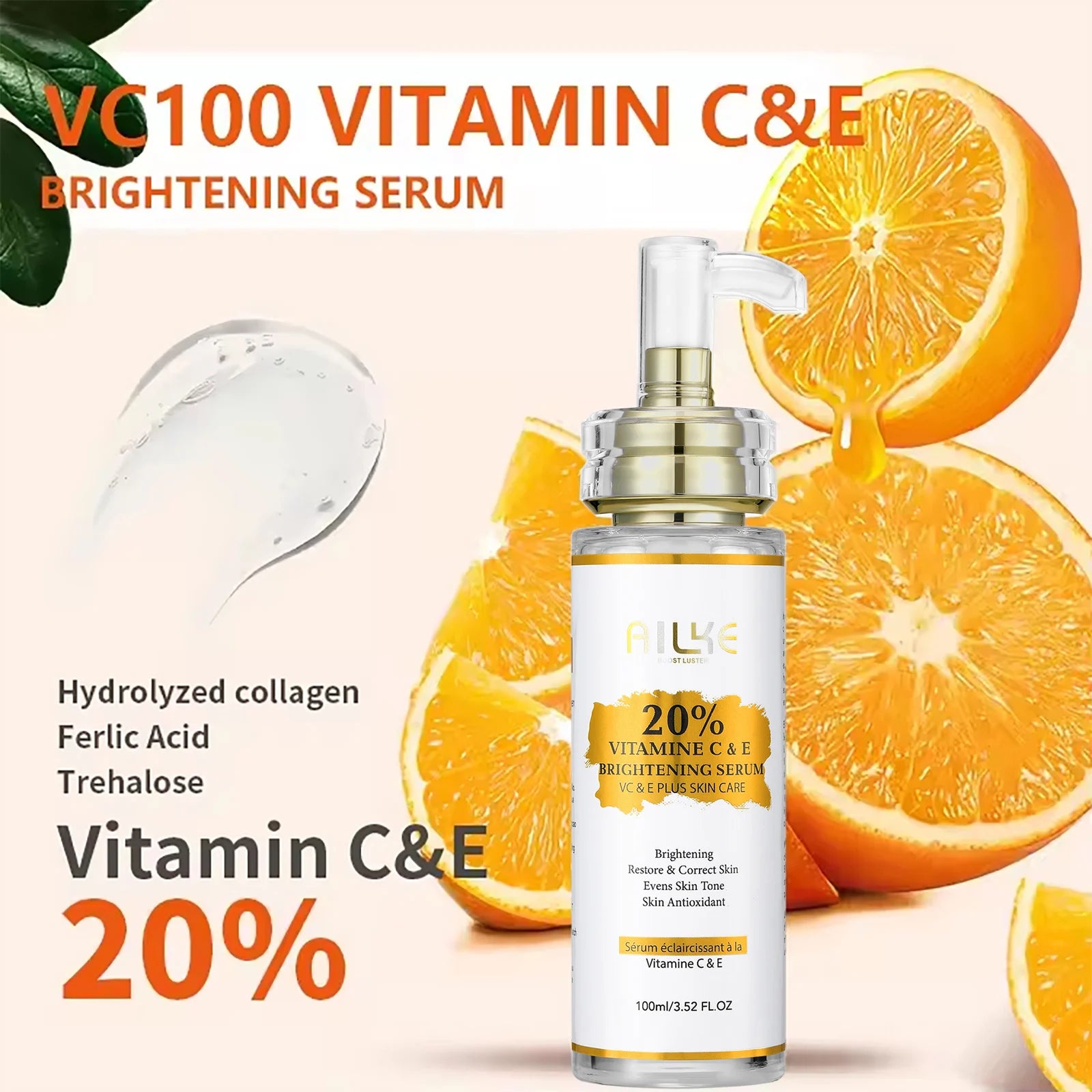 AILKE Vitamin C Whitening Serum, Remove Dark Spots, Moisturizing, Anti-Aging & Wrinkle, Beauty Skin Care Cosmetics