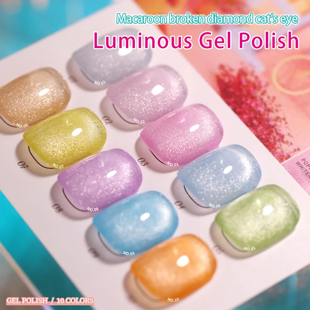 Vendeeni 10 Colors/Set Luminous Broken Diamond Cat Eye Gel Nail Polish Glitter Macaron Magnetic UV LED Gel Varnish With Display