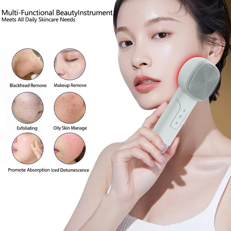 6 in 1 Sonic Facial Cleansing Brush with Thermal Function, Waterproof Skin Cooling Massager, Silicone Facial Cleansing Device