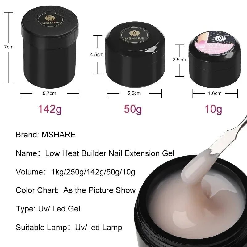 MSHARE Low Heat Milky Self Leveling Construction Gel for Nail Extension Medium Thick Natural Builder Reinforce UV Led Gel 142g