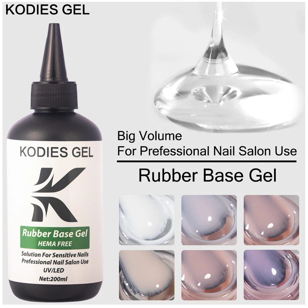 KODIES GEL HEMA Free Rubber Base Gel Nail Polish 200ML UV Semi Permanent Vegan Gel Varnish Bulk Refill Manicure Salon Quality
