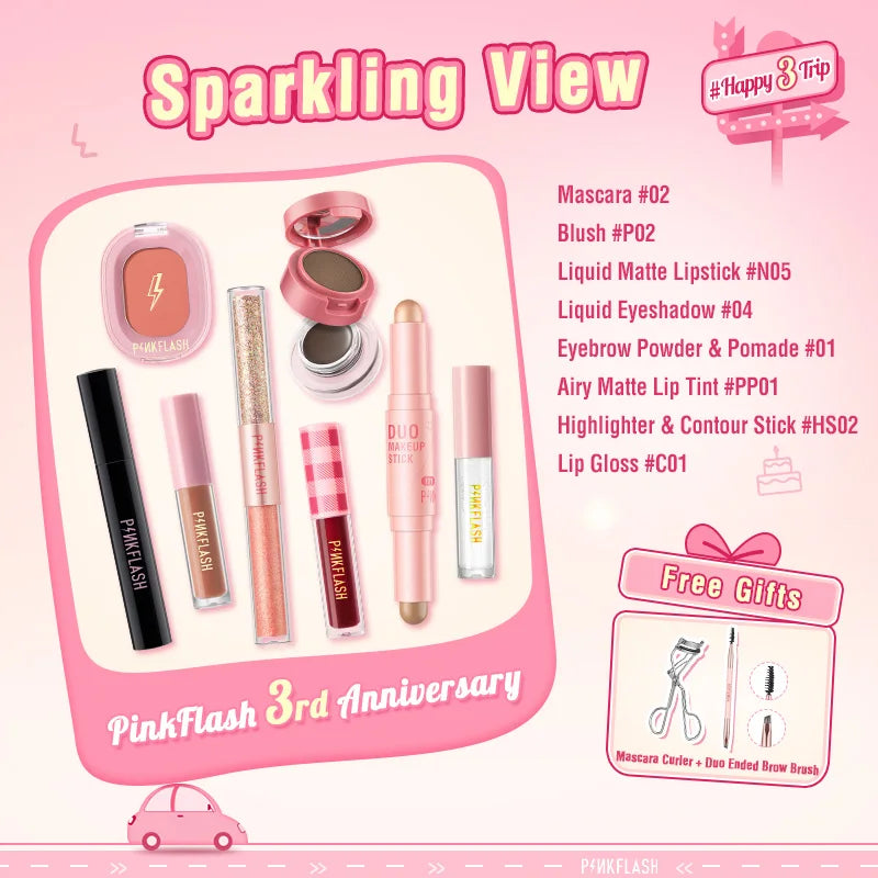 PINKFLASH 8 PCS Full Makeup Set Foundation Concealer Mascara Eyeliner Lipstick Cosmetics Kit for Women 3rd anniversary