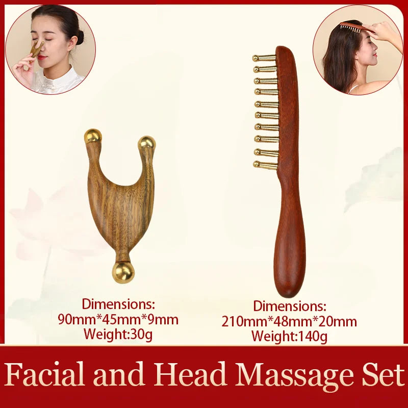 Head meridians massage comb copper wood meridians fine tooth comb needling Guasha scalp relax