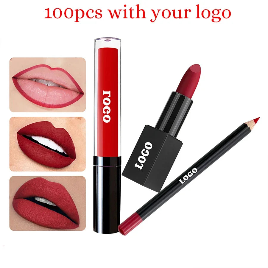 12-color Custom Logo Lipstick Lipgloss Lipliner Kit Private Label Black Square Tube Matte Waterproof Pigment Lips Makeup Vegan