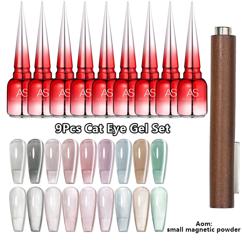 AS 9pcs Cat Eye Magnetic Moonlight Gel Nail Polish Set 15ml Sparkle White Silver Water Light Red UV Gel Nail Art Manicure