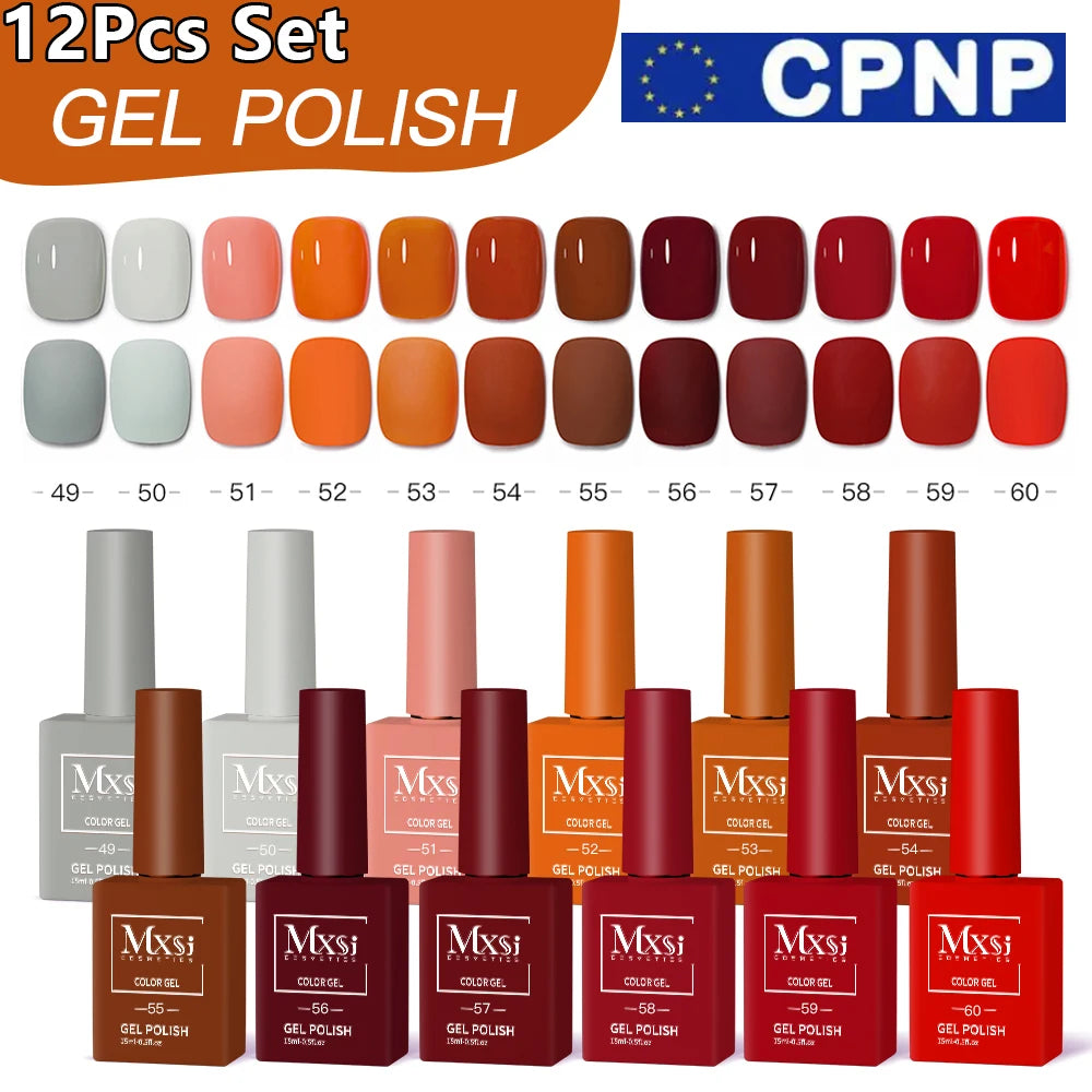 Mxsi 12Pcs 15ml Sparkly Red Pink Gel Nail Polish Set Glitter Semi Permanent Nail Art LED UV Gel Varnish Nail Supplies Kit