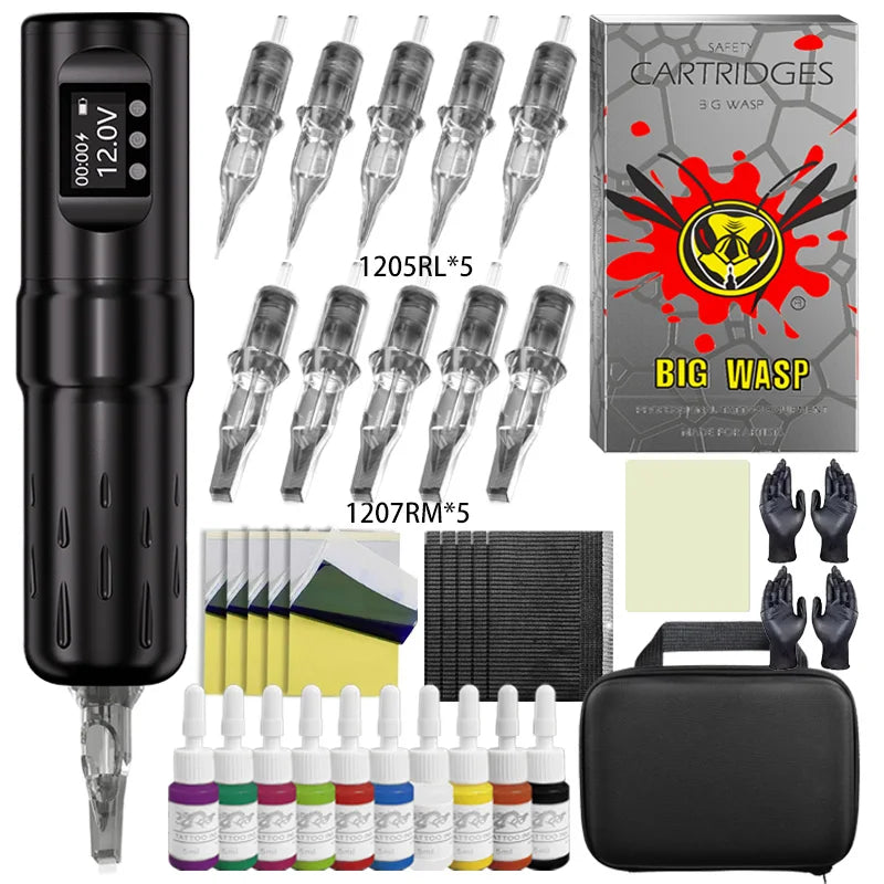 BIGWASP Wireless Tattoo Machine Pen Kit Rotary Tattoo Pen Set with 10PC Cartridge Needles for Makeup Machine Body Art Tattoo Kit