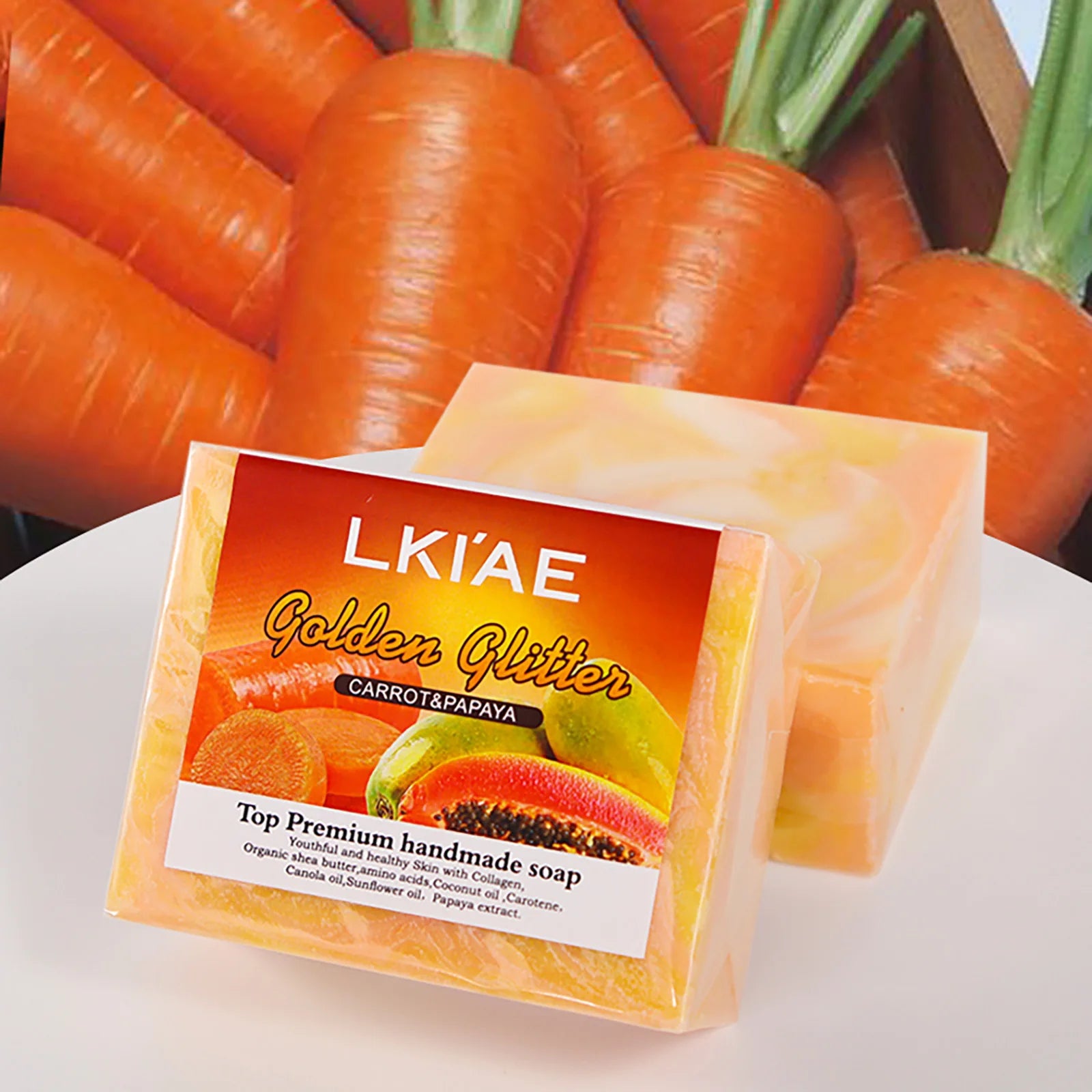 LKIAE Natural Carrot & Papaya Handmade Soap, Brightening, Clean Skin, Reduce Acne, Dark Spots, Face & Body Wash, 150g/3.53 oz