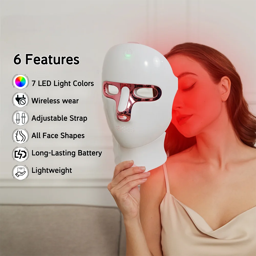 LED Facial Mask Face and Neck 7-1 Colors Light Therapy Skin Beauty Red Light  Facial Mask Wireless Rechargeable at Home Use
