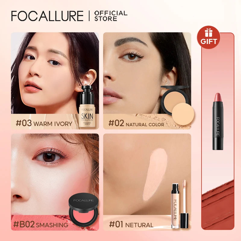 FOCALLURE 4 Pcs Makeup Set Primer Liquid Foundation Concealer Face Blush Makeup Setting Powder Base Lipstick Pen Cosmetics Kit