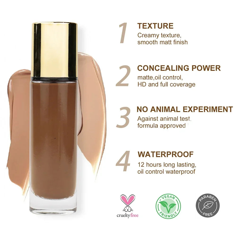Round Bottle 12 Color Matte Moisture Waterproof All Kinds Skin Private Label Liquid Foundation Custom Base Make Up Bulk Makeup
