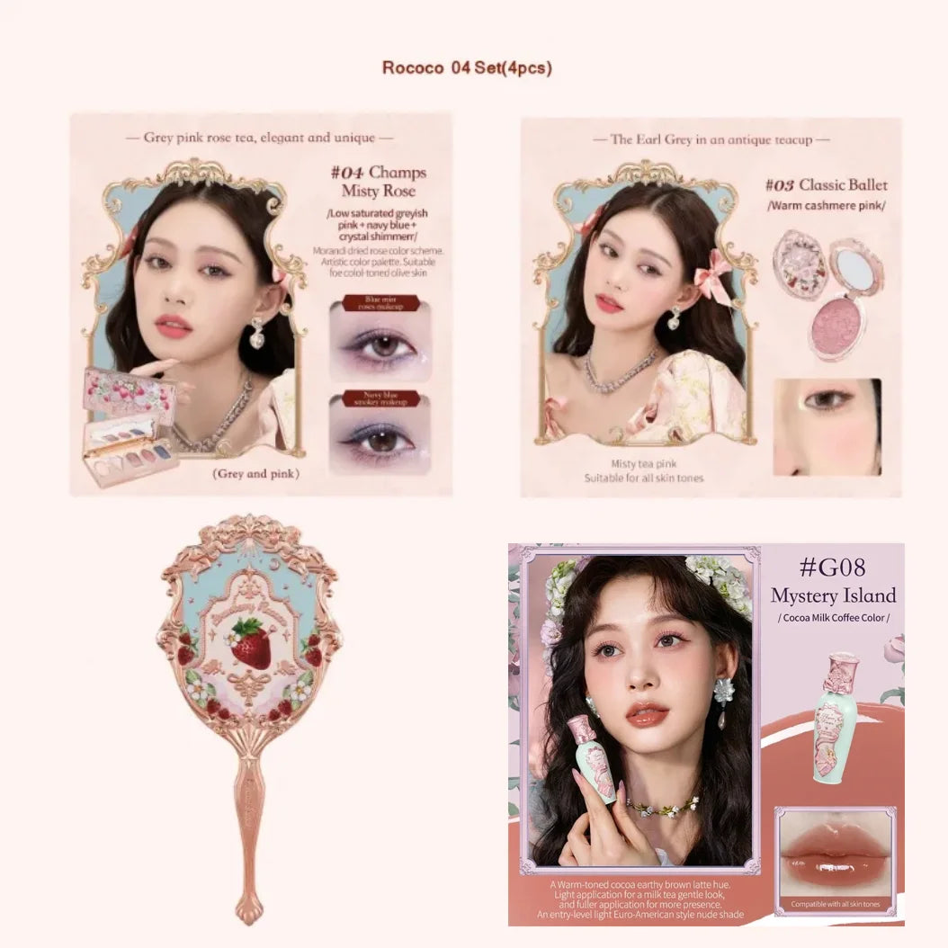 Flower Knows Strawberry Rococo Series Makeup Set Glitter Matte Eyeshadow Palette Blusher Power Velvet Lipstick Kit Perfume Set