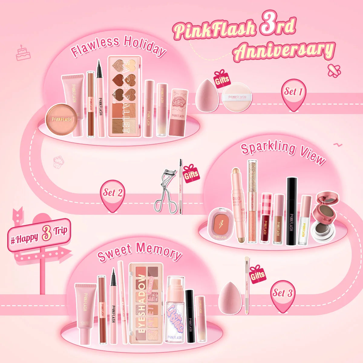 PINKFLASH 8 PCS Full Makeup Set Foundation Concealer Mascara Eyeliner Lipstick Cosmetics Kit for Women 3rd anniversary