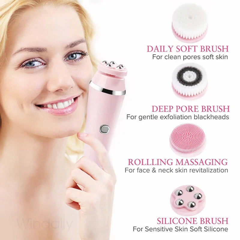 4 in 1 Electric Facial Cleansing Brush Rechargeable Waterproof Spin Sonic Exfoliator Face Scrubber Cleanser Skin Care Machine