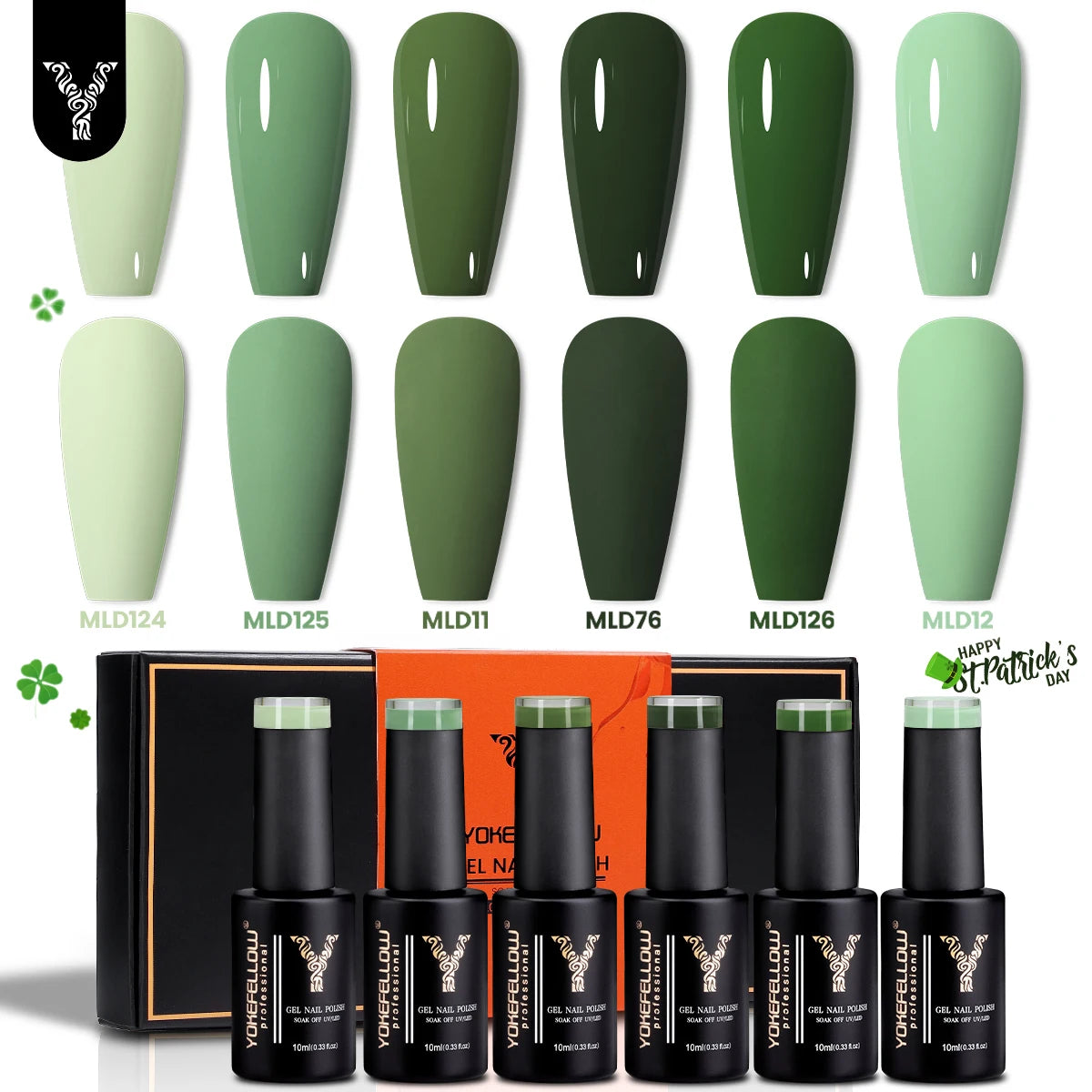 YOKEFELLOW Gel Nail Polish Set 10ml 6Pcs Green Soak Off UV LED Cure Gel Varnish for Nail Art Manicure DIY St. Patrick's Day