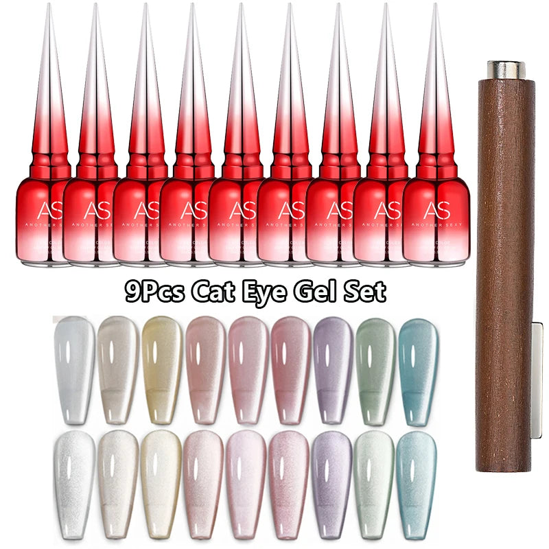 AS 9pcs Cat Eye Magnetic Moonlight Gel Nail Polish Set 15ml Sparkle White Silver Water Light Red UV Gel Nail Art Manicure