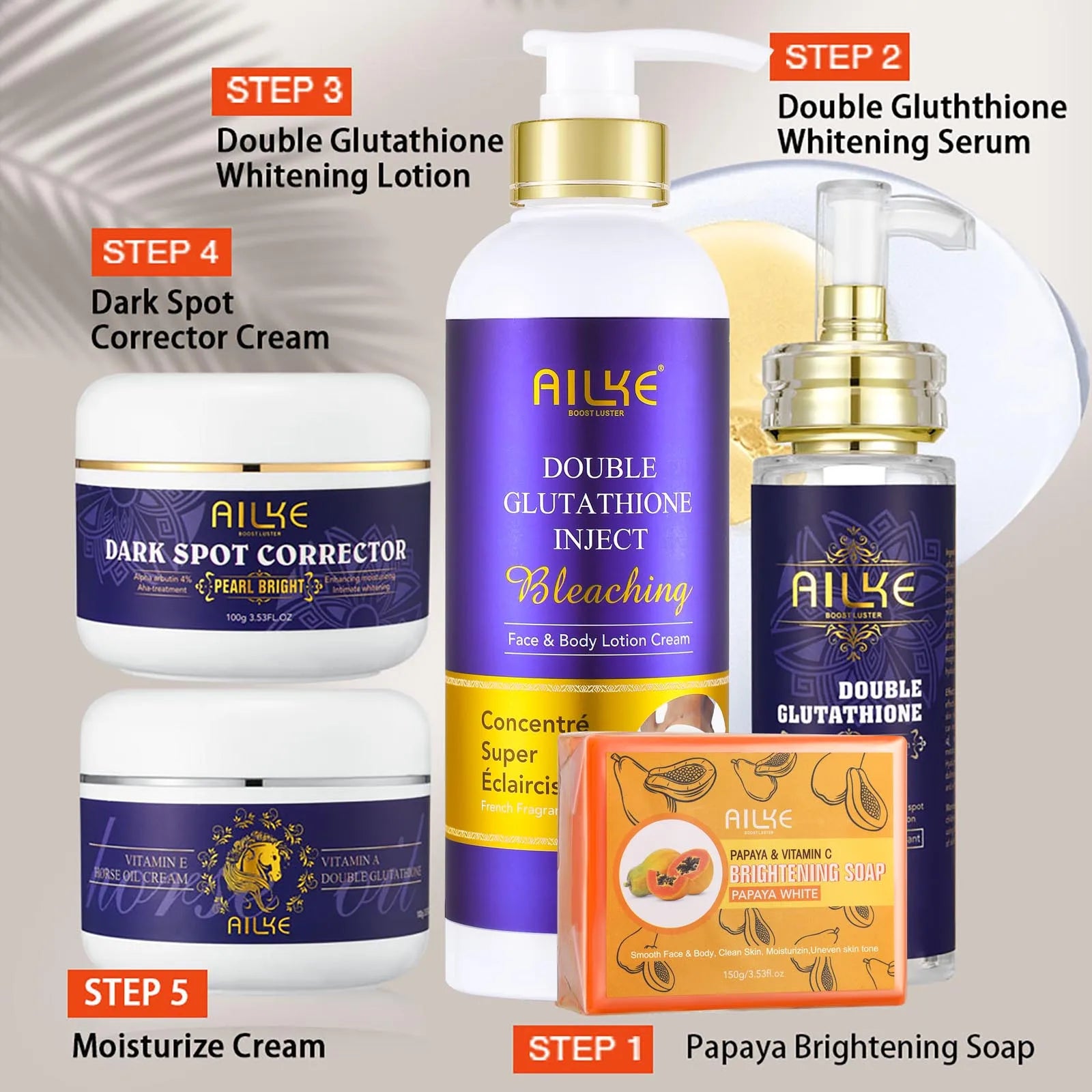 AILKE Lightening Skin Care Range, With Double Glutathione, Brightening, Moisturizing, Clean Skin, Glowing Beauty Face Care