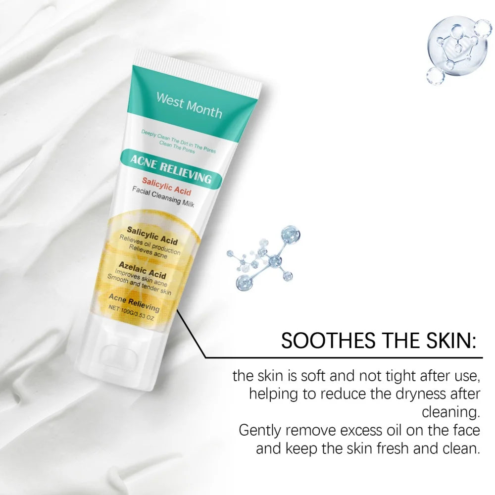 Salicylic acid facial cleanser for acne removal, cleansing, moisturizing, purifying pores, oil control, refreshing skincare