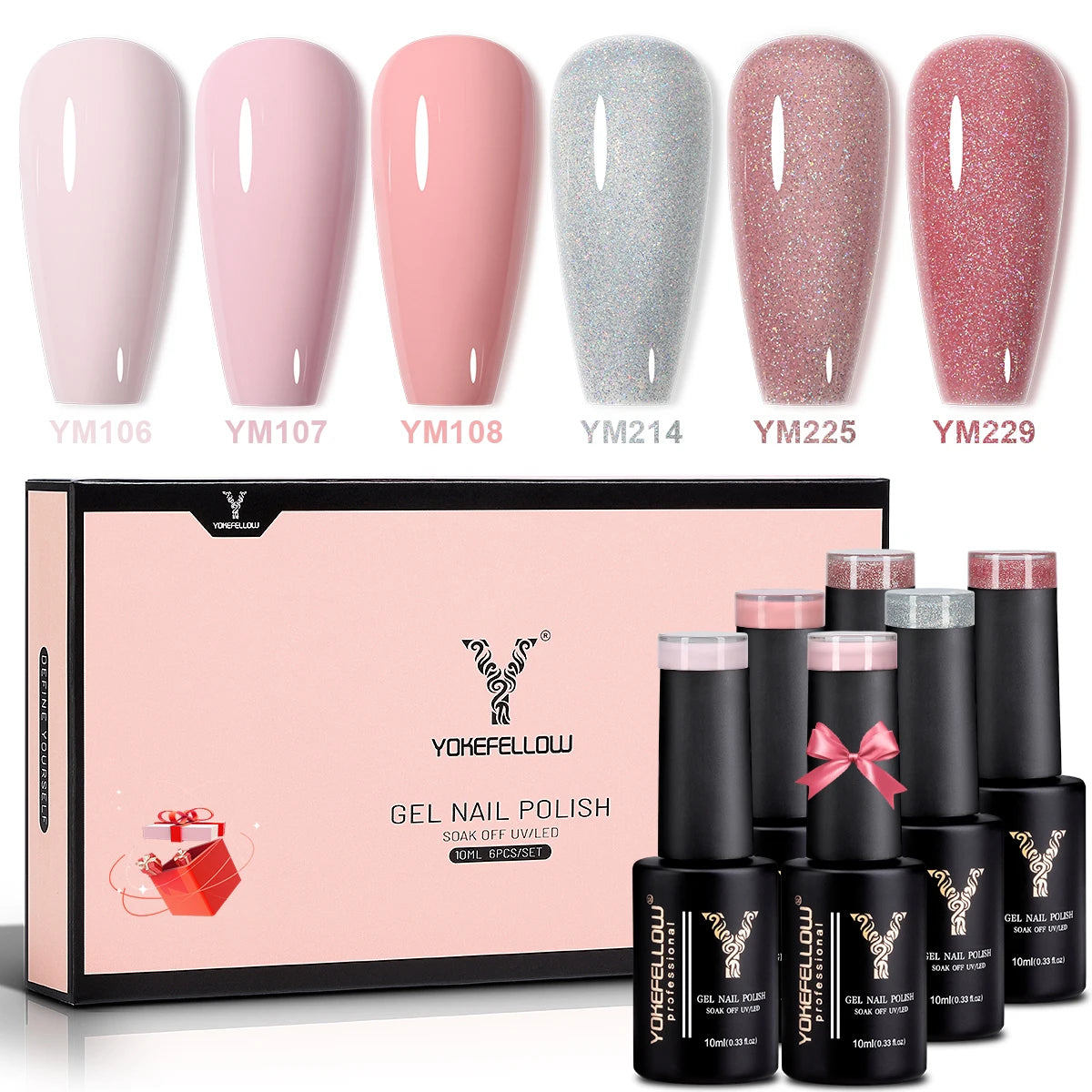 NEW SET YOKEFELLOW 6/PCS Pastel Pink Glitter Pink Set Spring Summer Gel Polish Soak off for Summer DIY Salon Home Manicure 10ML