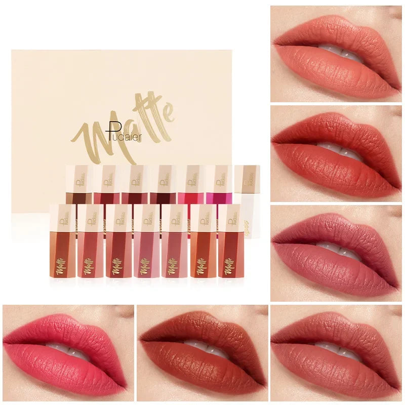 Pudaier 14 Color Pigment Nude Matte Liquid Lipstick Set Waterproof Velvet Lip Gloss Long Lasting Non-stick Cup Lip Tint Cosmetic