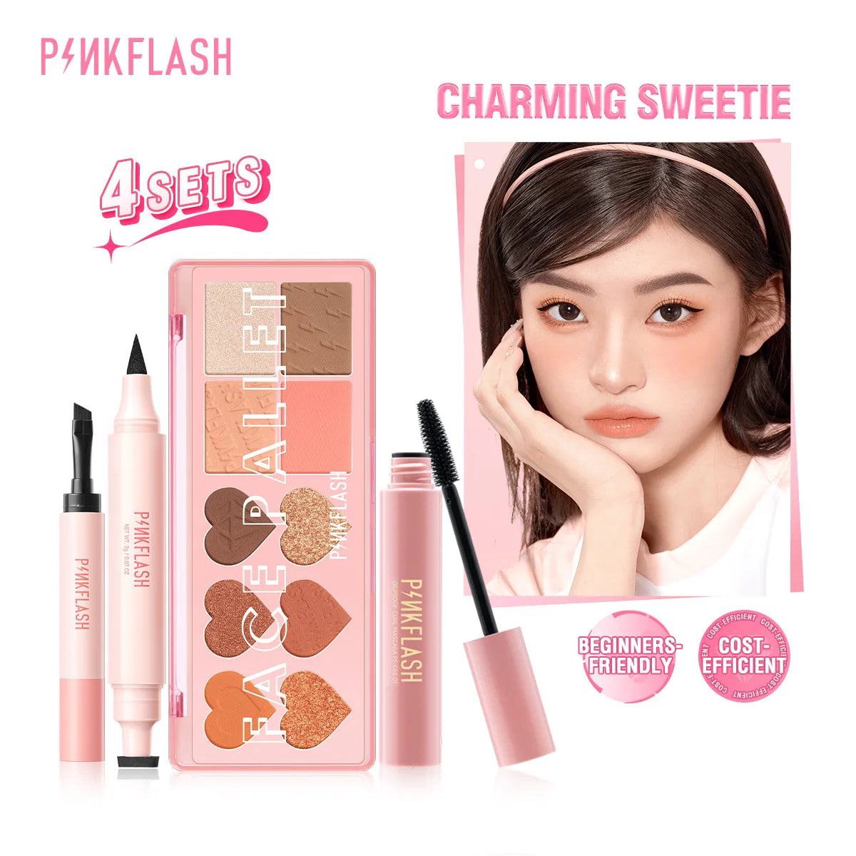 PINKFLASH 4 Pcs/Set Glitter Eyeshadow Palette Natural Eye Brow Wax Eyebrow Enhancer Waterproof Mascara Eyelash Makeup Cosmetics