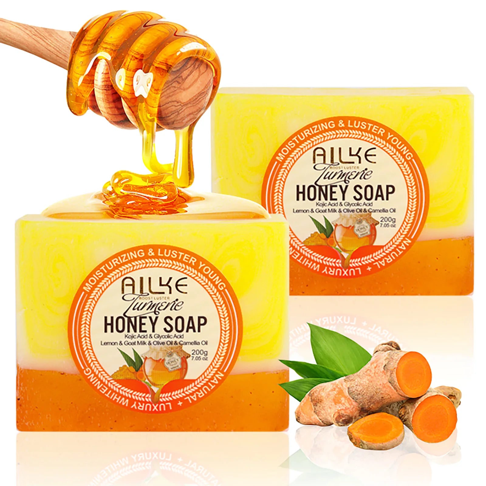 AILKE Natural Turmeric Honey Soap Cleanser, Lightening, Clean Skin, Remove Dark Spots, Stains, for Face and Body, 200g/7 oz