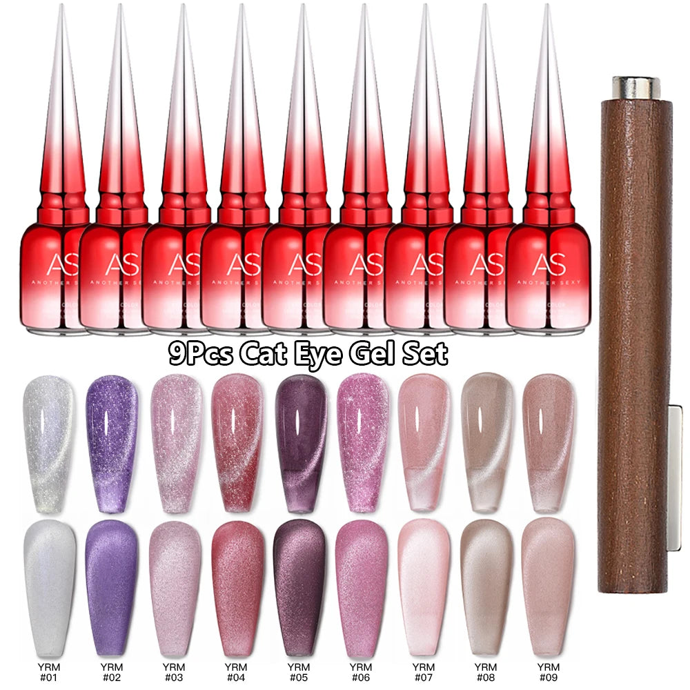AS 9pcs Cat Eye Magnetic Moonlight Gel Nail Polish Set 15ml Sparkle White Silver Water Light Red UV Gel Nail Art Manicure