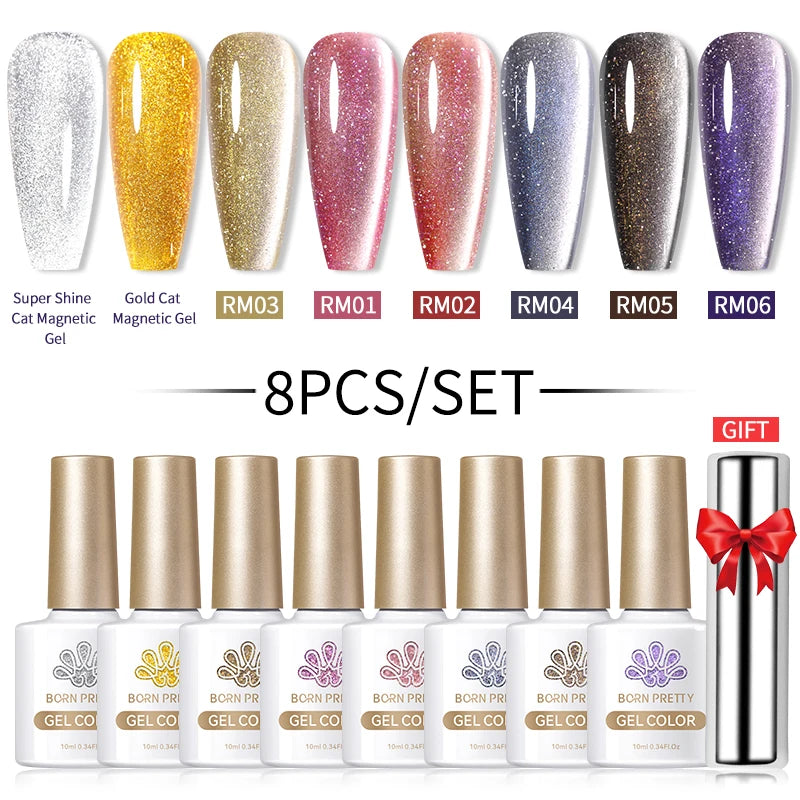 BORN PRETTY Sparkling Moonlight Cat Magnetic Gel Polish Set Semi Permanent Soak Off Crystal Gel Nail Polish Kit For Nail Art DIY