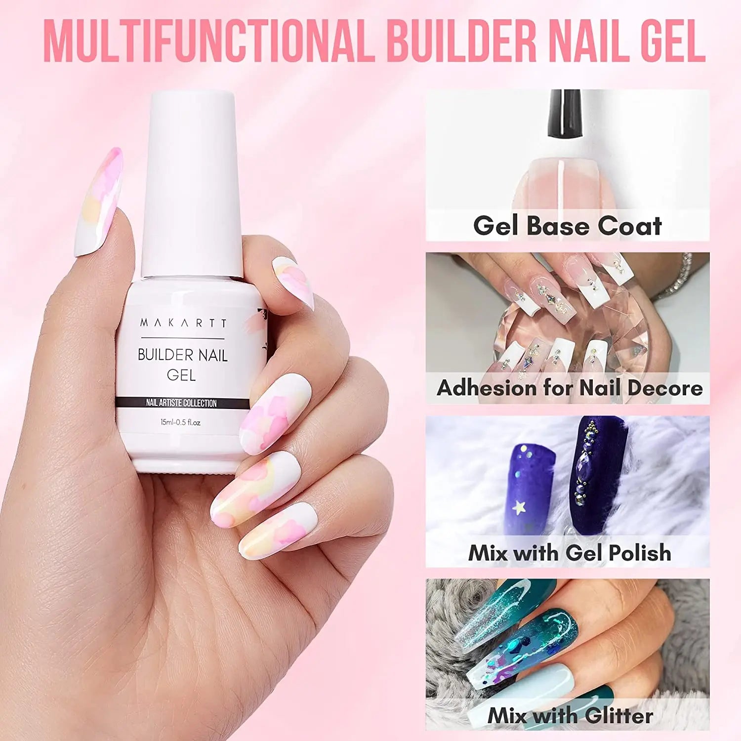 Makartt Builder Nail Gel 15ml 5 in 1 Multifunctional Clear Gel Nail Polish Base Coat Nail Strengthener Gel Nail Extension