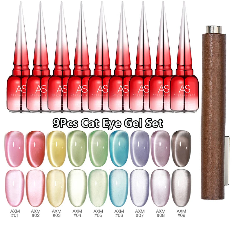 AS 9pcs Cat Eye Magnetic Moonlight Gel Nail Polish Set 15ml Sparkle White Silver Water Light Red UV Gel Nail Art Manicure