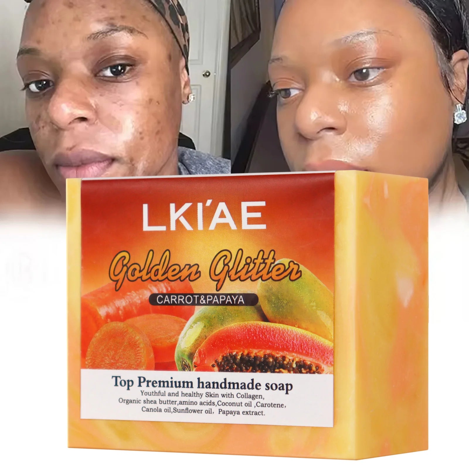 LKIAE Natural Carrot & Papaya Handmade Soap, Brightening, Clean Skin, Reduce Acne, Dark Spots, Face & Body Wash, 150g/3.53 oz